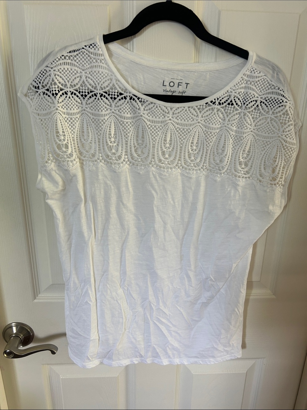 LOFT White Short Sleeve Top with Lace Yoke